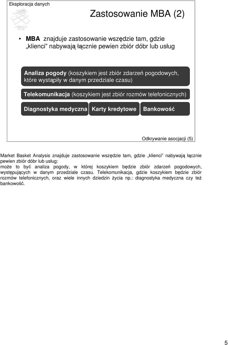 Analysis znajduje zastosowanie wszędzie tam, gdzie klienci nabywają łącznie pewien zbiór dóbr lub usług: może to być analiza pogody, w której koszykiem będzie zbiór zdarzeń pogodowych,