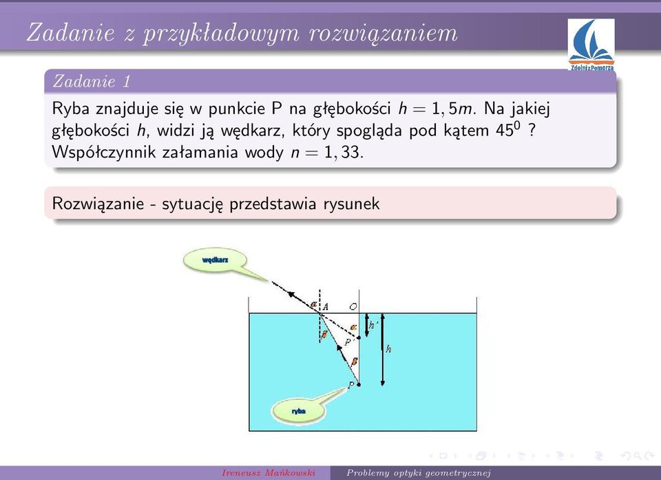 Na jakiej głębokości h, widzi ją wędkarz, który spogląda pod