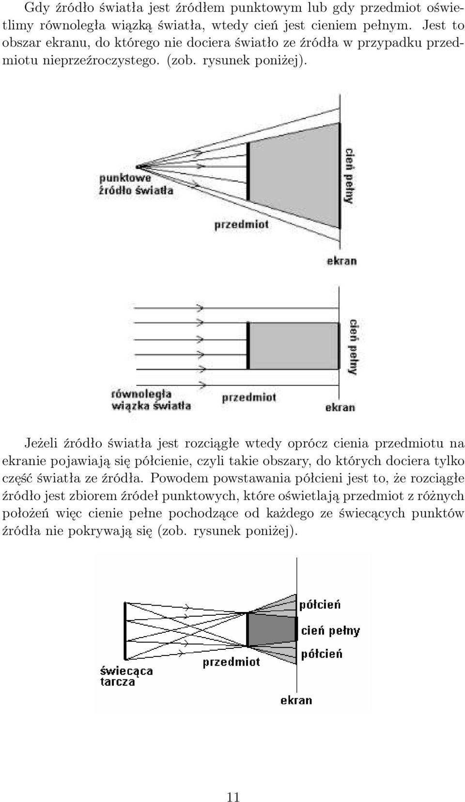 Jeżeli źródło światła jest rozciągłe wtedy oprócz cienia przedmiotu na ekranie pojawiają się półcienie, czyli takie obszary, do których dociera tylko część światła ze