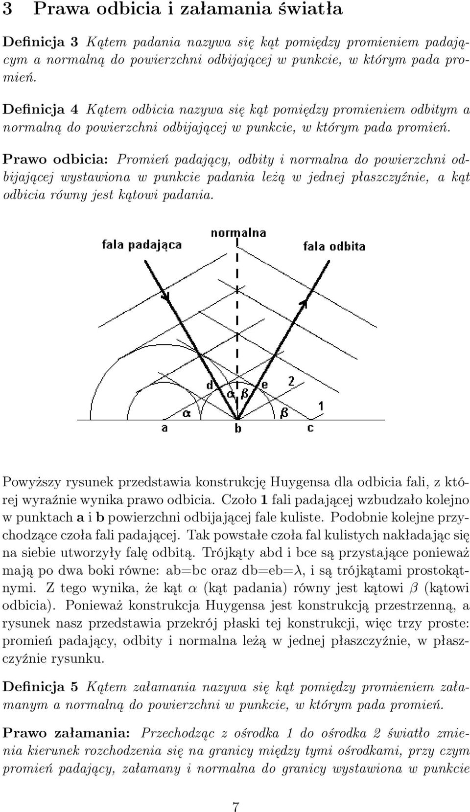 Prawo odbicia: Promień padający, odbity i normalna do powierzchni odbijającej wystawiona w punkcie padania leżą w jednej płaszczyźnie, a kąt odbicia równy jest kątowi padania.