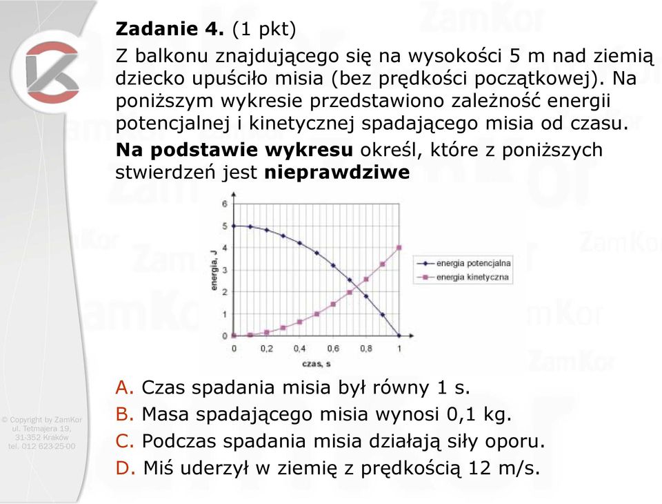 Na poniższym wykresie przedstawiono zależność energii potencjalnej i kinetycznej spadającego misia od czasu.