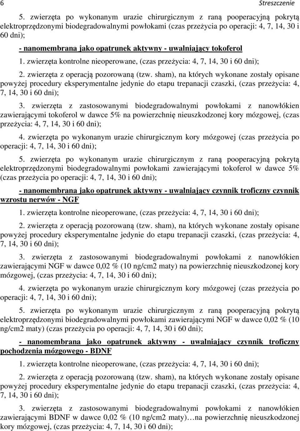 opatrunek aktywny - uwalniający tokoferol 1. zwierzęta kontrolne nieoperowane, (czas przeżycia: 4, 7, 14, 30 i 60 dni); 2. zwierzęta z operacją pozorowaną (tzw.