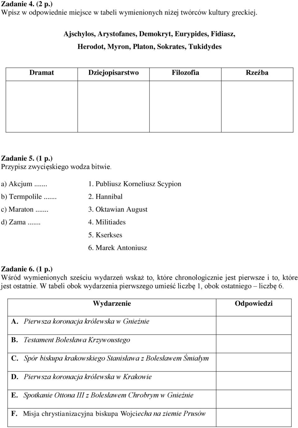 a) Akcjum... 1. Publiusz Korneliusz Scypion b) Termpolile... 2. Hannibal c) Maraton... 3. Oktawian August d) Zama... 4. Militiades 5. Kserkses 6. Marek Antoniusz Zadanie 6. (1 p.