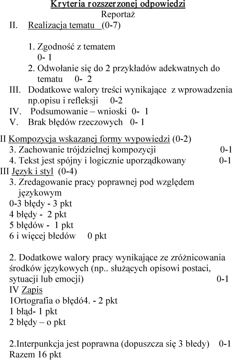 Zachowanie trójdzielnej kompozycji 0 1 4. Tekst jest spójny i logicznie uporządkowany 0 1 III Język i styl (0 4) 3.