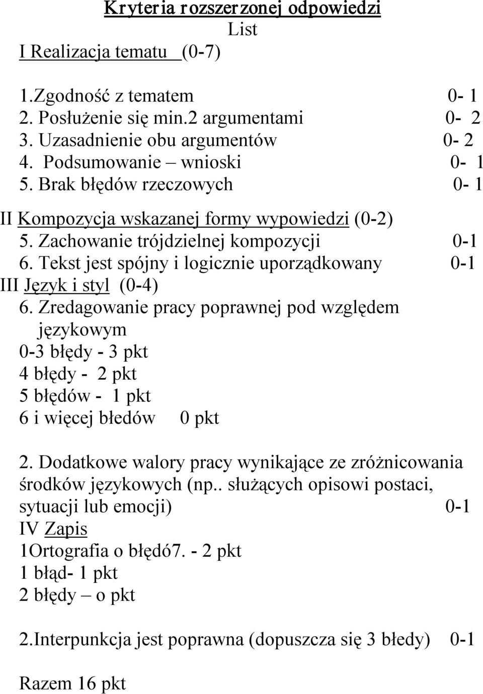 Zredagowanie pracy poprawnej pod względem językowym 0 3 błędy 3 pkt 4 błędy 2 pkt 5 błędów 1 pkt 6 i więcej błedów 0 pkt 2.