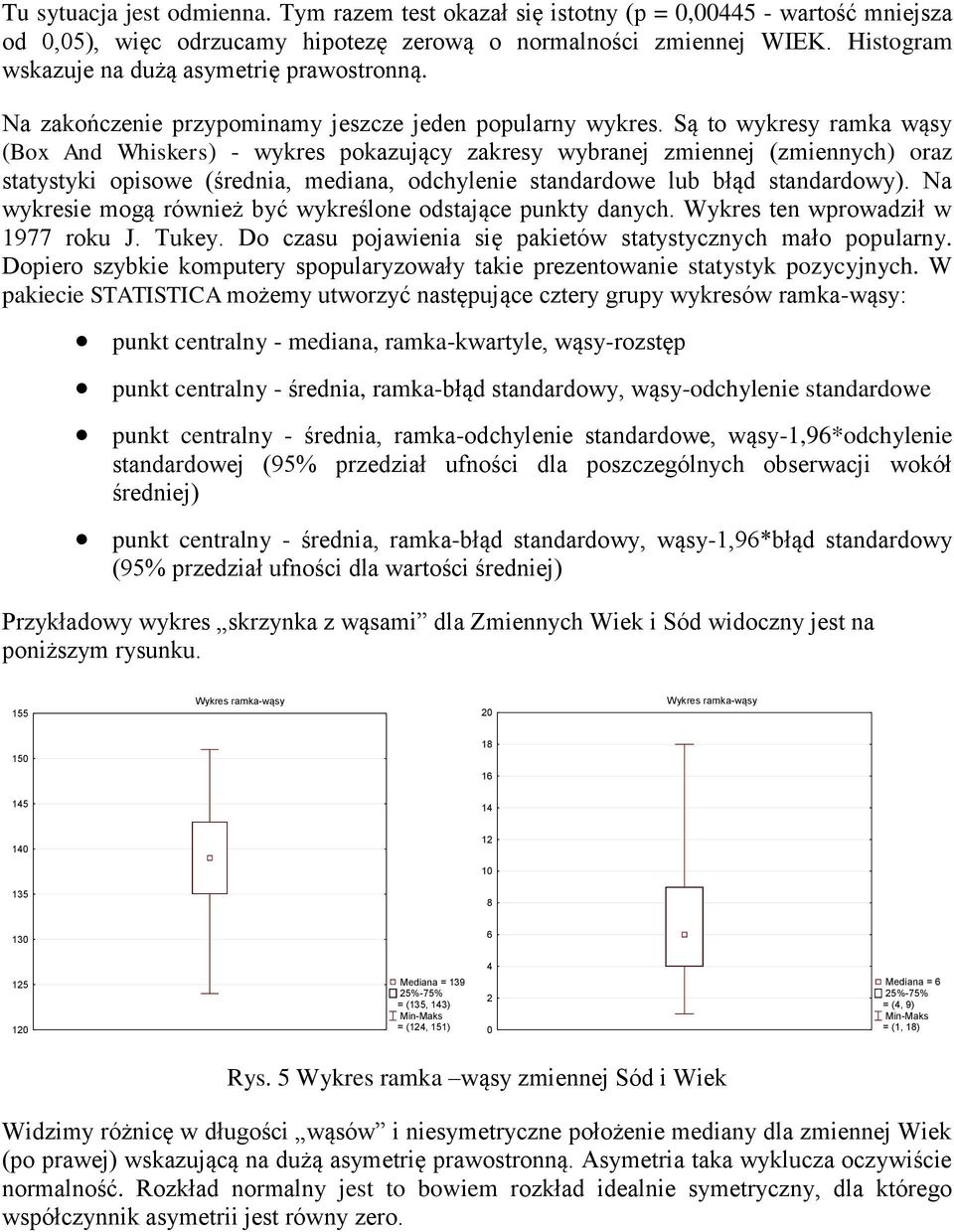 Są to wykresy ramka wąsy (Box And Whiskers) - wykres pokazujący zakresy wybranej zmiennej (zmiennych) oraz statystyki opisowe (średnia, mediana, odchylenie standardowe lub błąd standardowy).