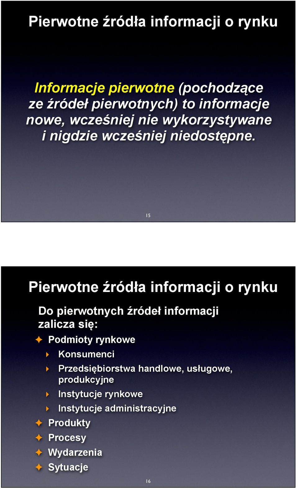 15 Pierwotne źródła informacji o rynku Do pierwotnych źródeł informacji zalicza się: Podmioty rynkowe