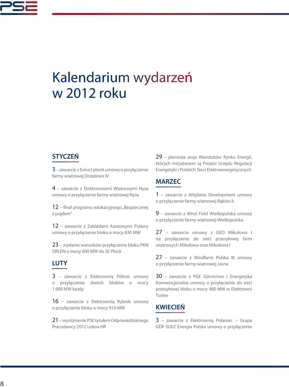 MW do SE Płock LUTY 3 zawarcie z Elektrownią Północ umowy o przyłączenie dwóch bloków o mocy 1 000 MW każdy 16 zawarcie z Elektrownią Rybnik umowy o przyłączenie bloku o mocy 910 MW 21 wyróżnienie