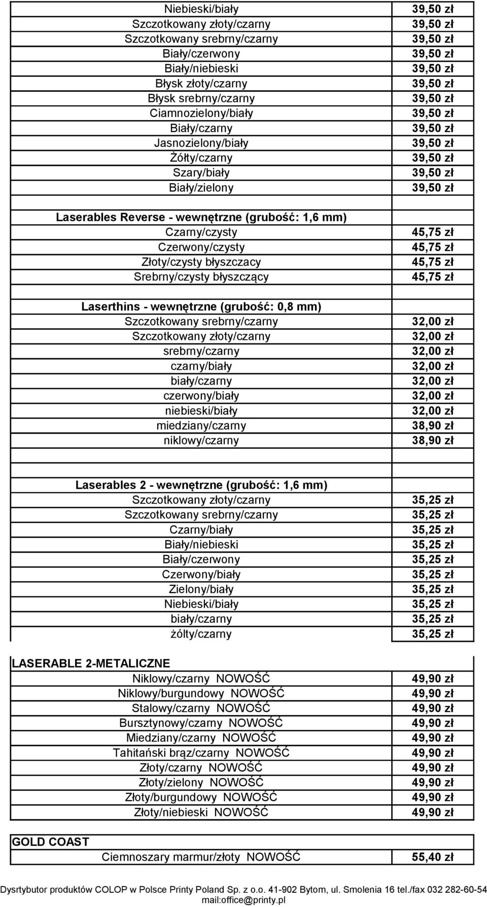 (grubość: 0,8 mm) Szczotkowany srebrny/czarny Szczotkowany złoty/czarny srebrny/czarny czarny/biały biały/czarny czerwony/biały niebieski/biały miedziany/czarny niklowy/czarny 45,75 zł 45,75 zł 45,75