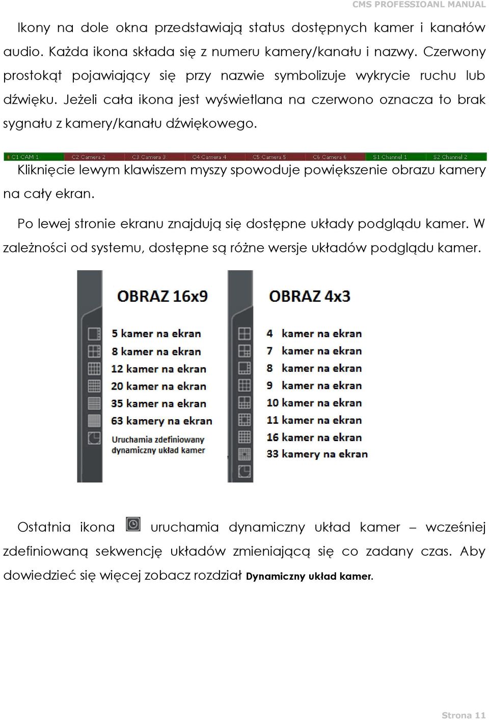 Kliknięcie lewym klawiszem myszy spowoduje powiększenie obrazu kamery na cały ekran. Po lewej stronie ekranu znajdują się dostępne układy podglądu kamer.
