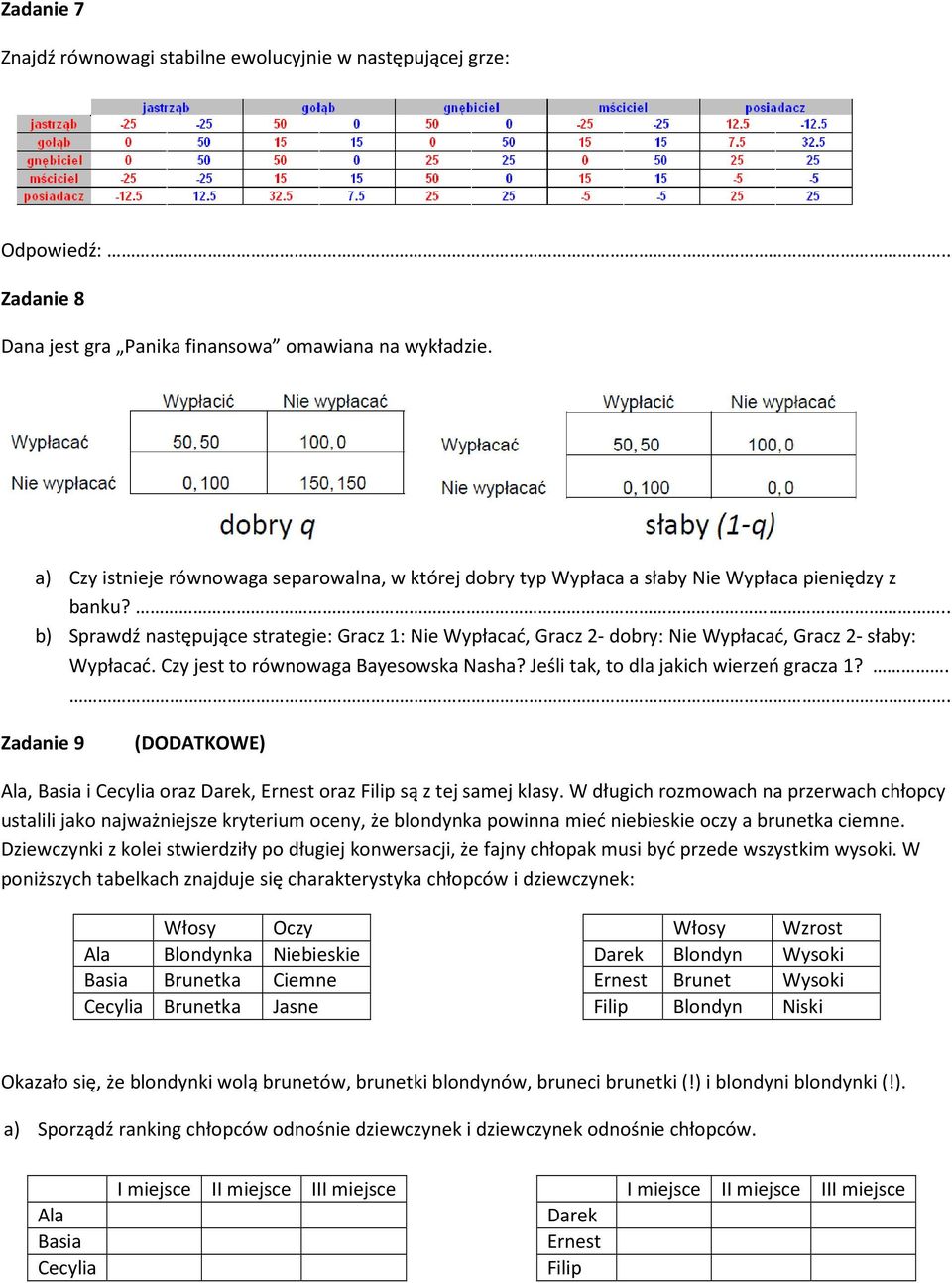 . b) Sprawdź następujące strategie: Gracz 1: Nie Wypłacać, Gracz 2- dobry: Nie Wypłacać, Gracz 2- słaby: Wypłacać. Czy jest to równowaga ayesowska Nasha? Jeśli tak, to dla jakich wierzeń gracza 1?