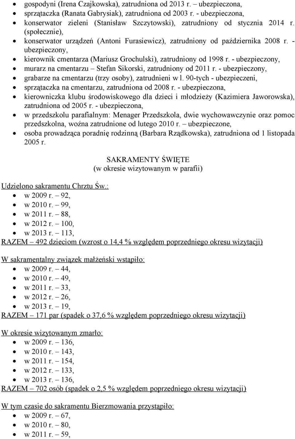 - ubezpieczony, kierownik cmentarza (Mariusz Grochulski), zatrudniony od 1998 r. - ubezpieczony, murarz na cmentarzu Stefan Sikorski, zatrudniony od 2011 r.