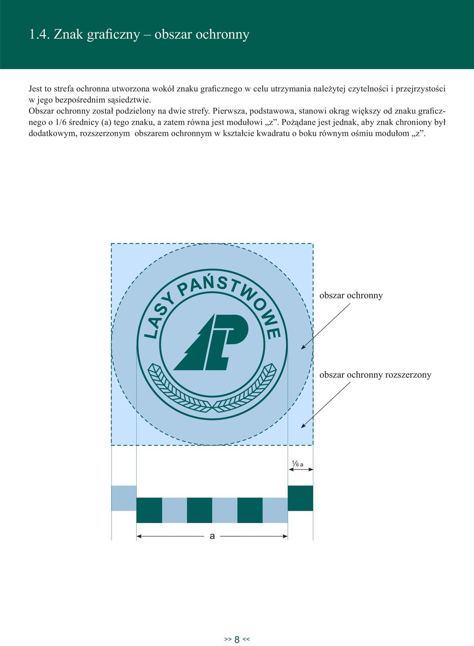 Pierwsza, podstawowa, stanowi okrąg większy od znaku graficznego o 1/6 średnicy (a) tego znaku, a zatem równa jest modułowi z.