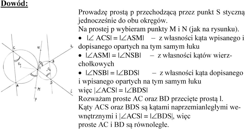 ACS = ASM z własności kąta wpisanego i dopisanego opartych na tym samym łuku ASM = NSB z własności kątów wierzchołkowych NSB =