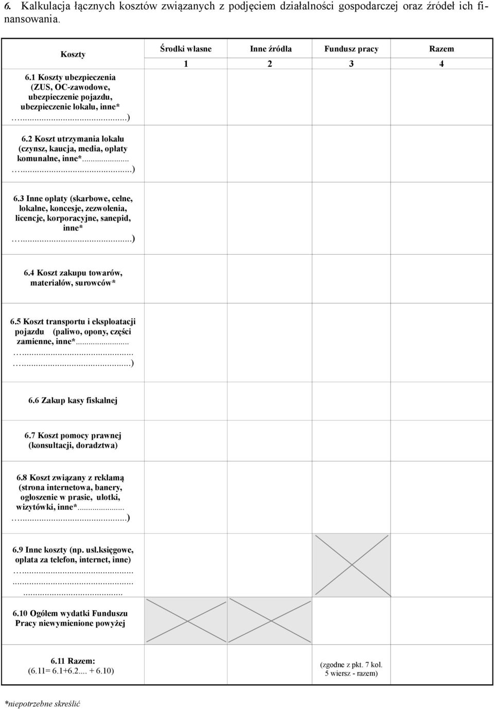 2 Koszt utrzymania lokalu (czynsz, kaucja, media, opłaty komunalne, inne*......) 6.3 Inne opłaty (skarbowe, celne, lokalne, koncesje, zezwolenia, licencje, korporacyjne, sanepid, inne*...) 6.4 Koszt zakupu towarów, materiałów, surowców* 6.