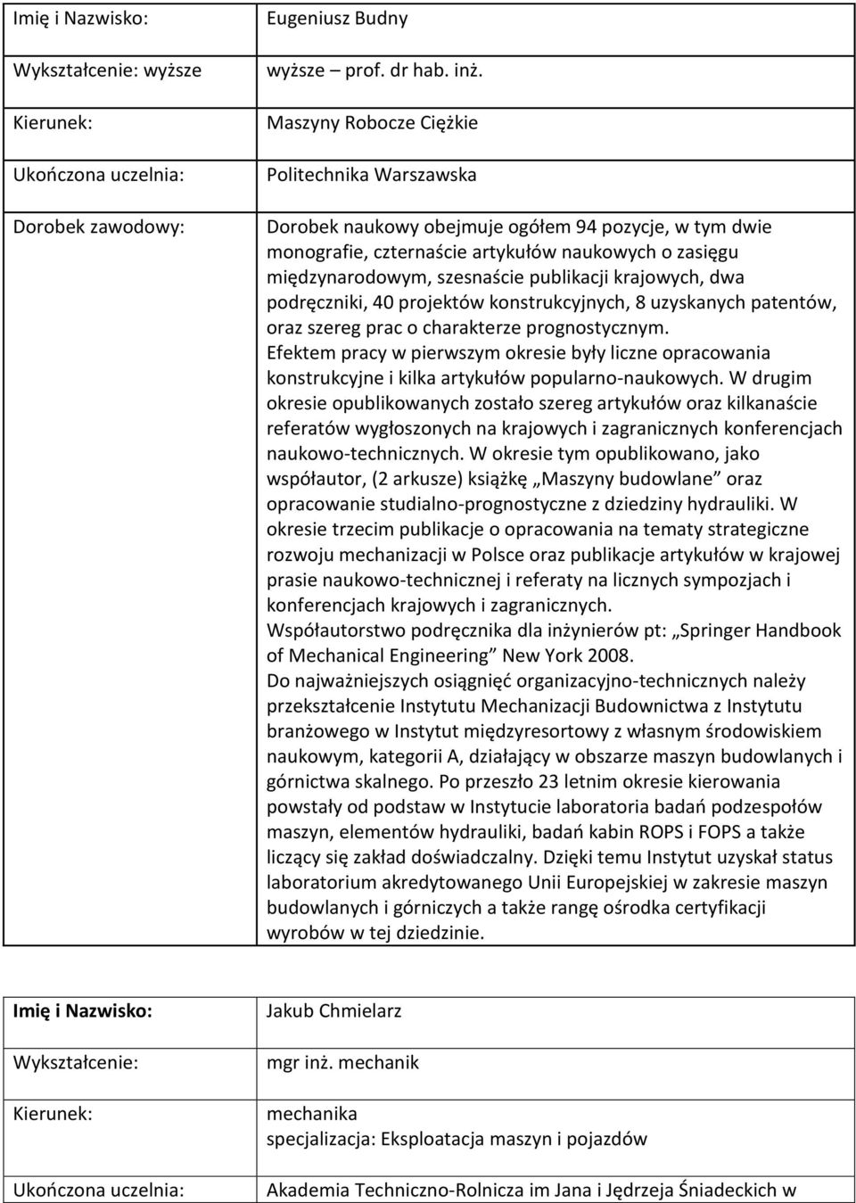 40 projektów konstrukcyjnych, 8 uzyskanych patentów, oraz szereg prac o charakterze prognostycznym.