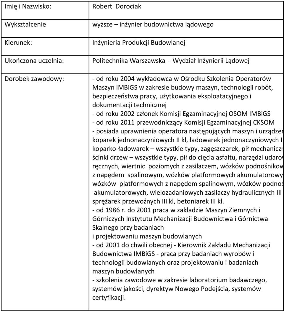 przewodniczący Komisji Egzaminacyjnej CKSOM - posiada uprawnienia operatora następujących maszyn i urządzeń: koparek jednonaczyniowych II kl, ładowarek jednonaczyniowych III kl, koparko-ładowarek