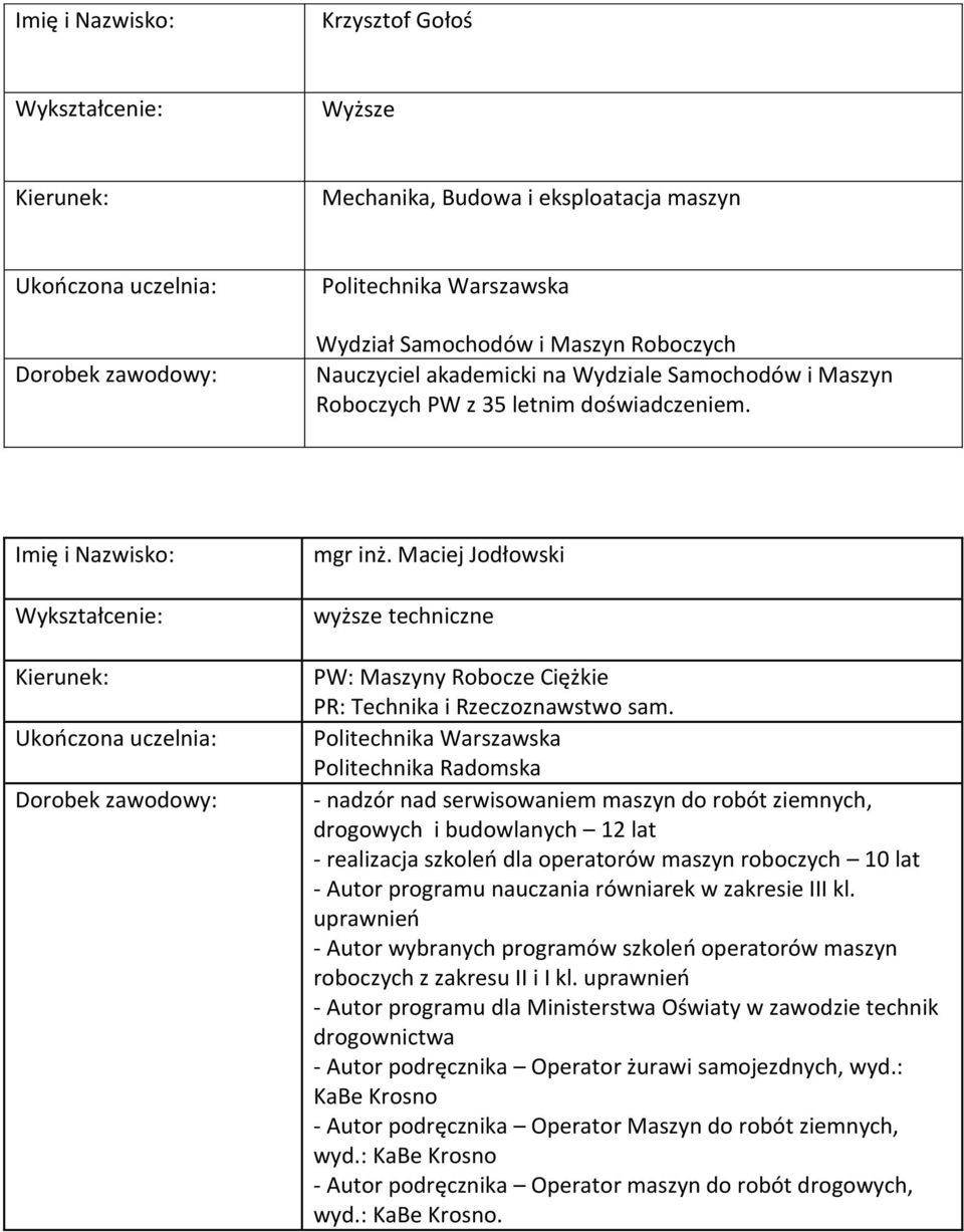 Politechnika Radomska - nadzór nad serwisowaniem maszyn do robót ziemnych, drogowych i budowlanych 12 lat - realizacja szkoleń dla operatorów maszyn roboczych 10 lat - Autor programu nauczania