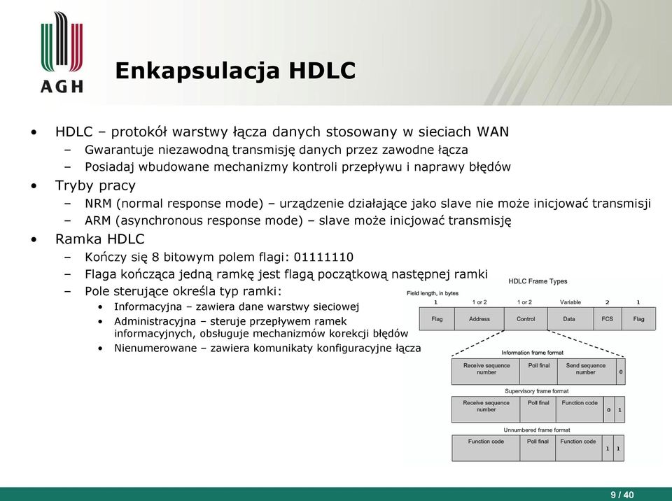 inicjować transmisję Ramka HDLC Kończy się 8 bitowym polem flagi: 01111110 Flaga kończąca jedną ramkę jest flagą początkową następnej ramki Pole sterujące określa typ ramki: