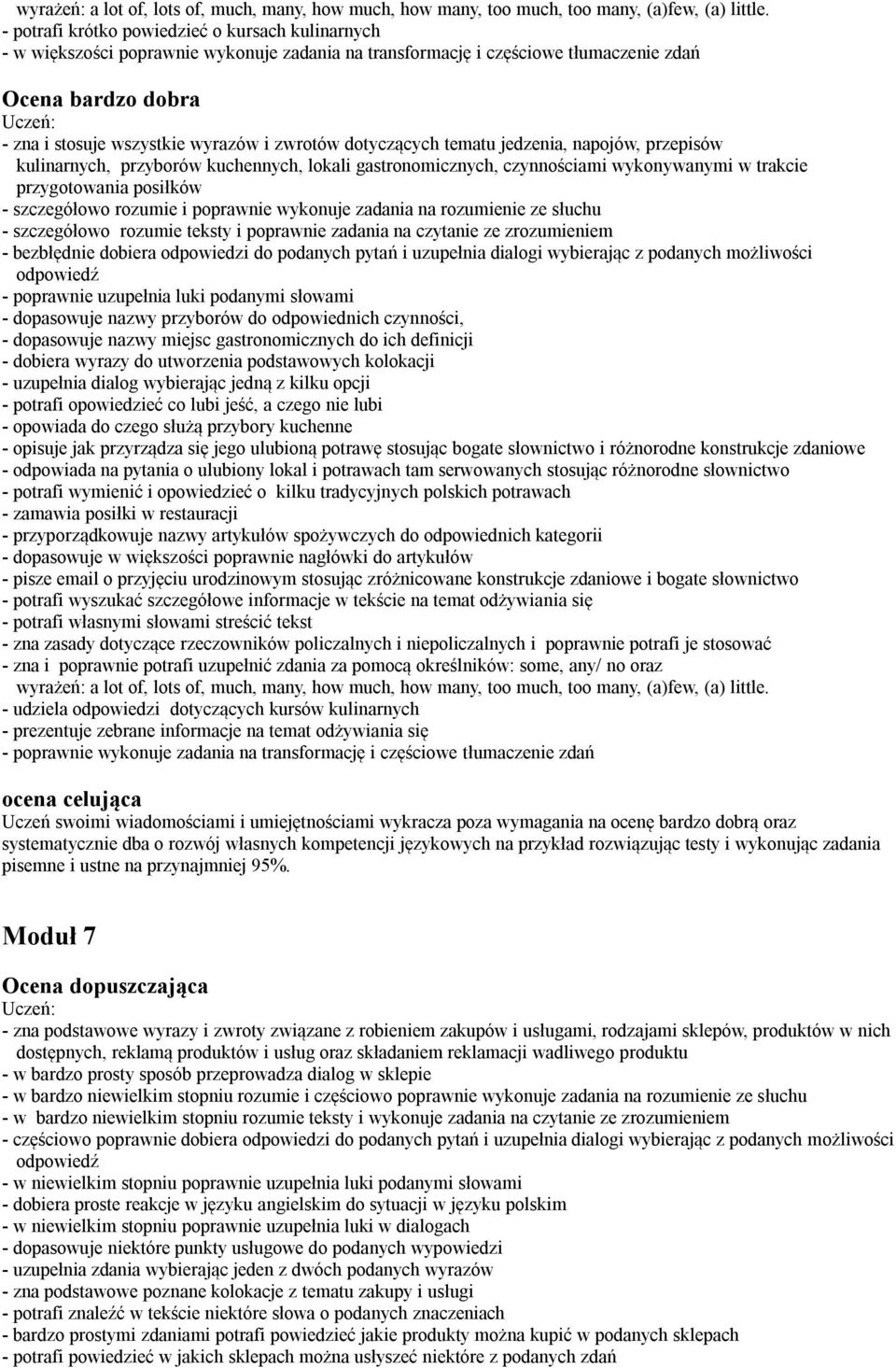 zwrotów dotyczących tematu jedzenia, napojów, przepisów kulinarnych, przyborów kuchennych, lokali gastronomicznych, czynnościami wykonywanymi w trakcie przygotowania posiłków - szczegółowo rozumie i