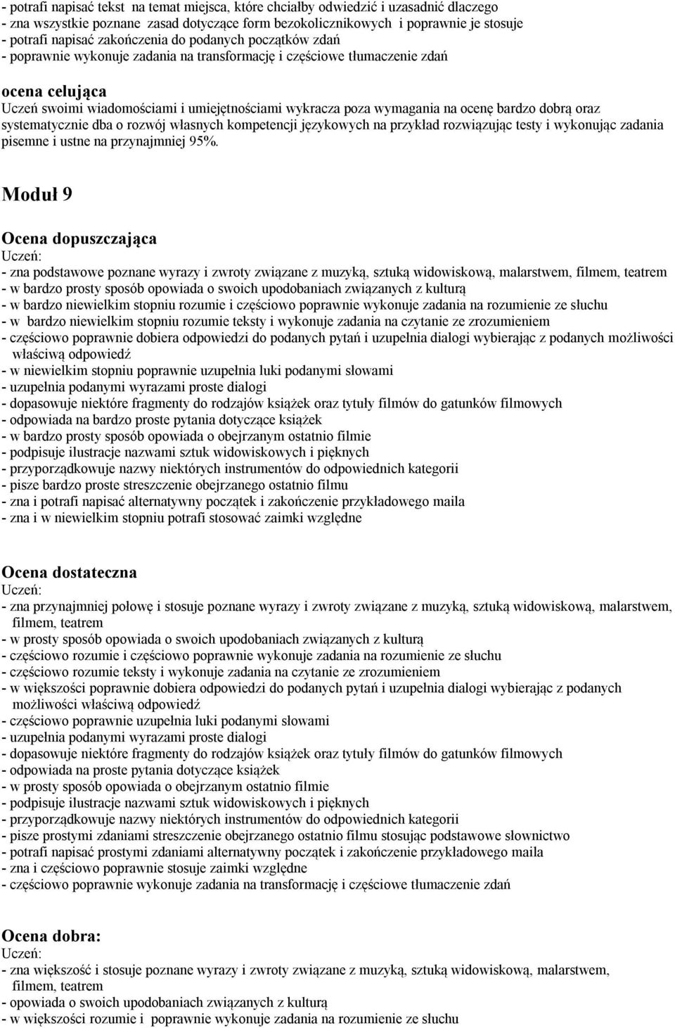 na ocenę bardzo dobrą oraz systematycznie dba o rozwój własnych kompetencji językowych na przykład rozwiązując testy i wykonując zadania pisemne i ustne na przynajmniej 95%.