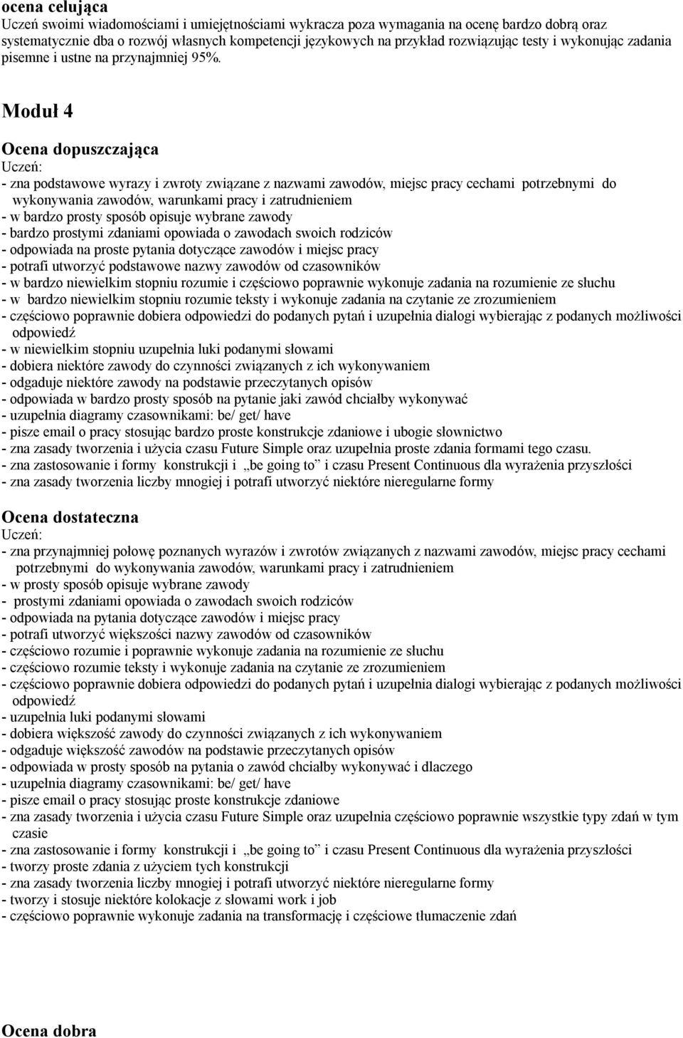 Moduł 4 Ocena dopuszczająca - zna podstawowe wyrazy i zwroty związane z nazwami zawodów, miejsc pracy cechami potrzebnymi do wykonywania zawodów, warunkami pracy i zatrudnieniem - w bardzo prosty