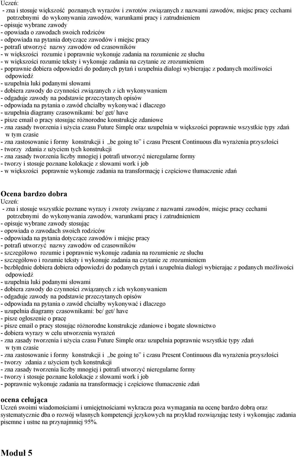 rozumienie ze słuchu - w większości rozumie teksty i wykonuje zadania na czytanie ze zrozumieniem - poprawnie dobiera odpowiedzi do podanych pytań i uzupełnia dialogi wybierając z podanych możliwości