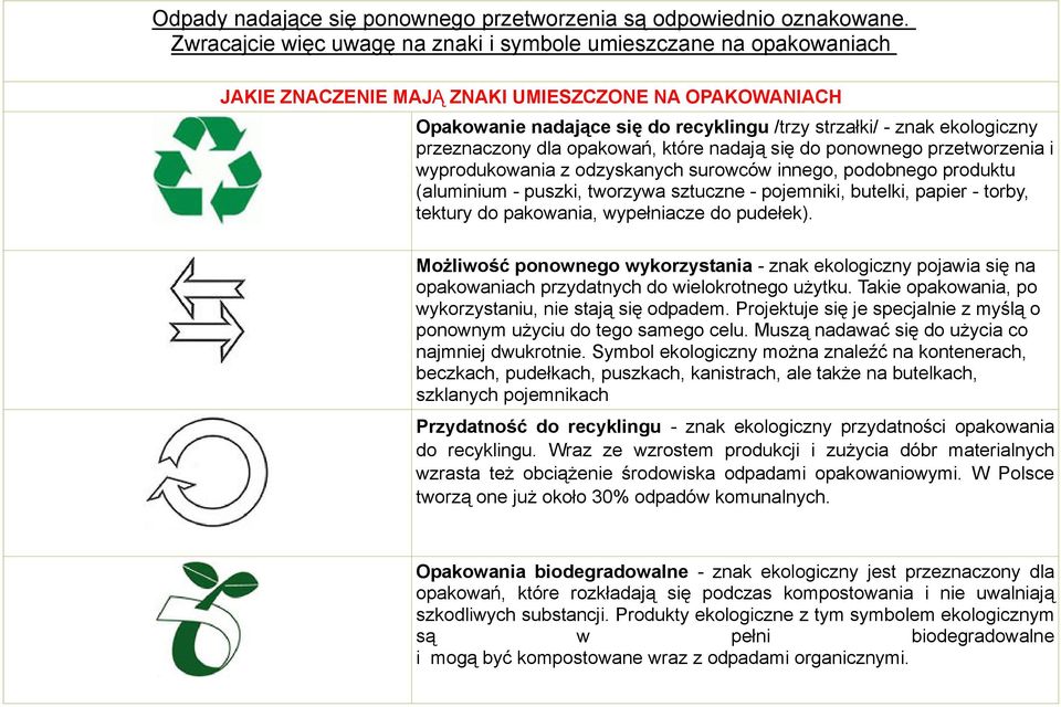 przeznaczony dla opakowań, które nadają się do ponownego przetworzenia i wyprodukowania z odzyskanych surowców innego, podobnego produktu (aluminium - puszki, tworzywa sztuczne - pojemniki, butelki,