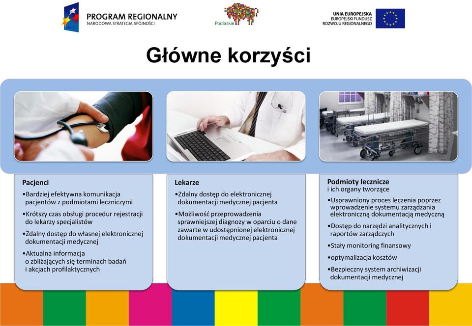 przeprowadzenia sprawniejszej diagnozy w oparciu o dane zawarte w udostępnionej elektronicznej dokumentacji medycznej pacjenta Podmioty lecznicze i ich organy tworzące Usprawniony proces leczenia