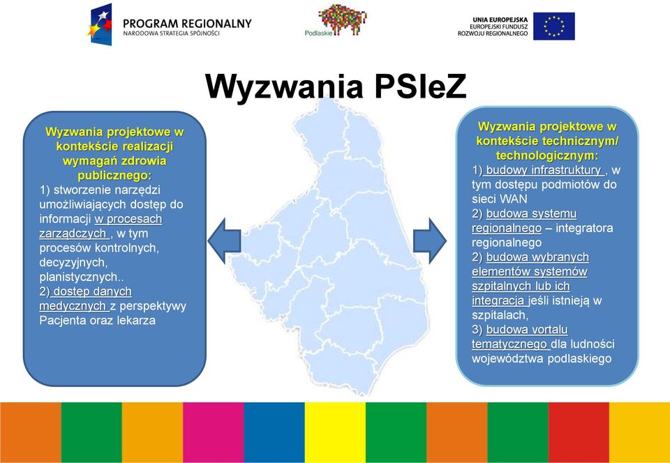 . 2) dostęp danych medycznych z perspektywy Pacjenta oraz lekarza Wyzwania projektowe w kontekście technicznym/ technologicznym: 1) budowy infrastruktury, w tym