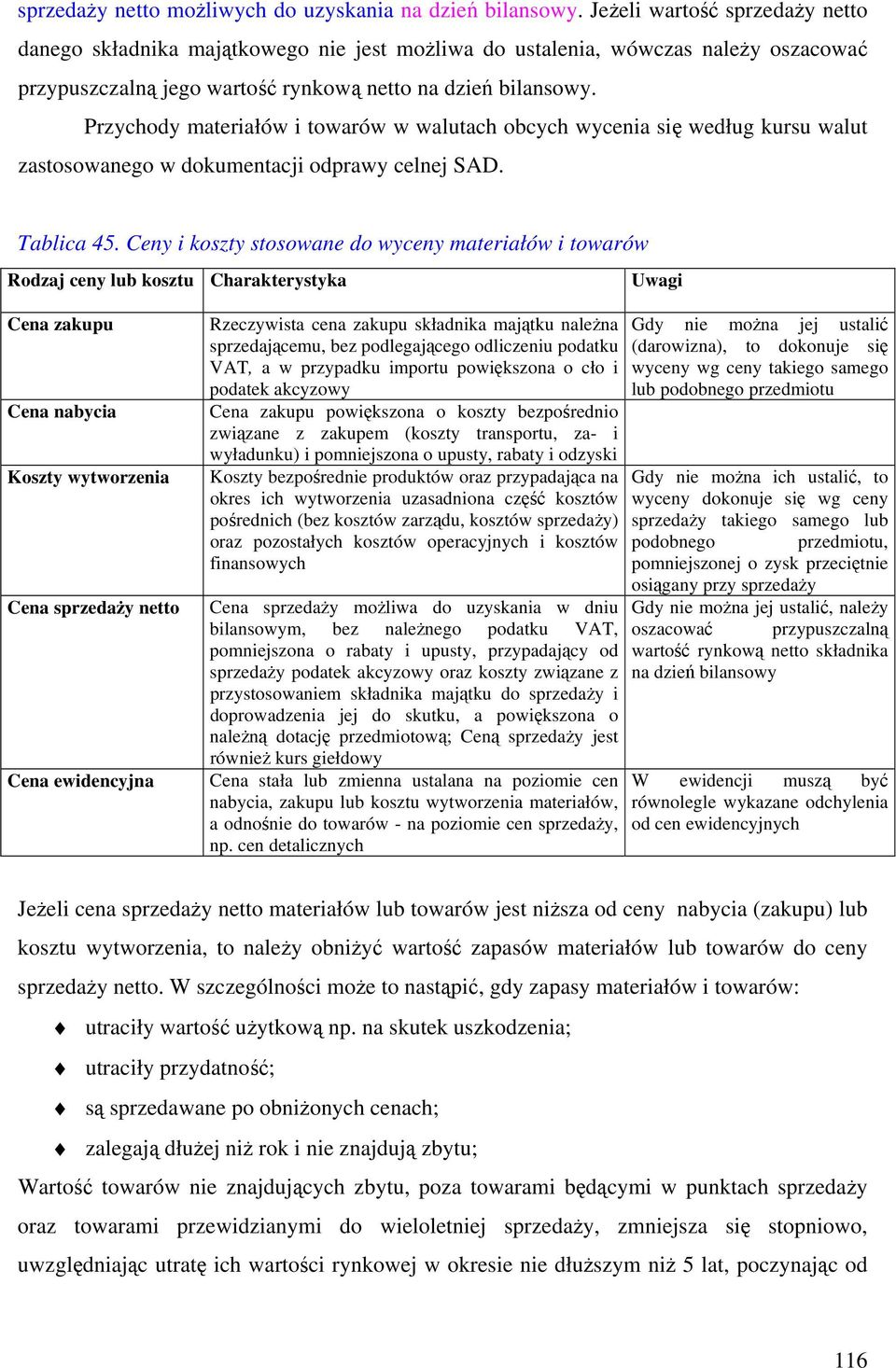 Przychody materiałów i towarów w walutach obcych wycenia się według kursu walut zastosowanego w dokumentacji odprawy celnej SAD. Tablica 45.
