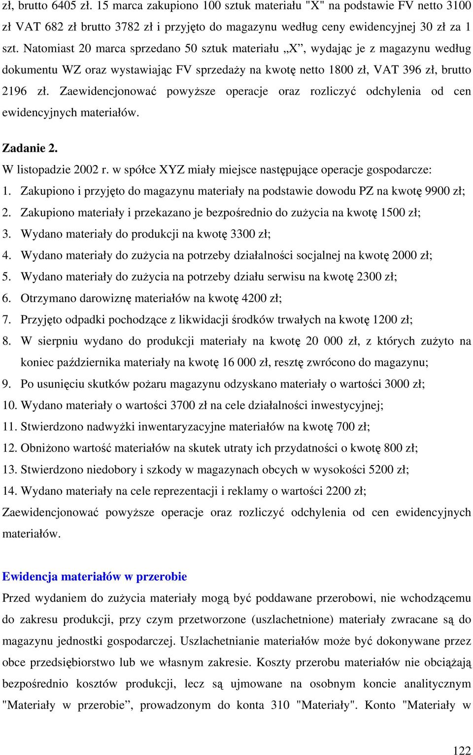 Zaewidencjonować powyższe operacje oraz rozliczyć odchylenia od cen ewidencyjnych materiałów. Zadanie 2. W listopadzie 2002 r. w spółce XYZ miały miejsce następujące operacje gospodarcze: 1.