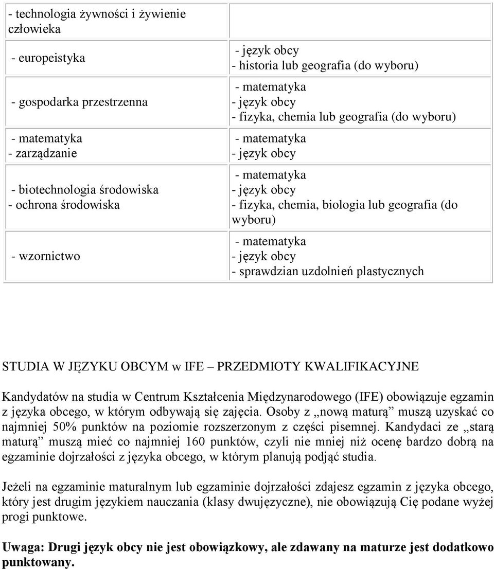 Międzynarodowego (IFE) obowiązuje egzamin z języka obcego, w którym odbywają się zajęcia. Osoby z nową maturą muszą uzyskać co najmniej 50% punktów na poziomie rozszerzonym z części pisemnej.