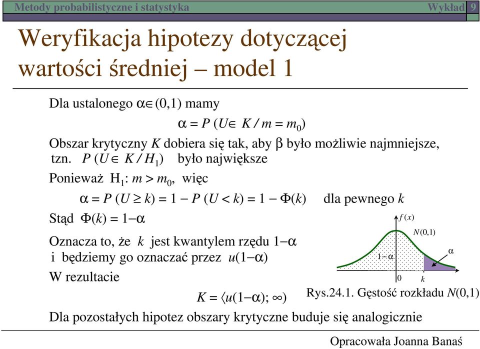 P (U K / H 1 ) było największe Ponieważ H 1 : m > m, więc = P (U k) = 1 P (U < k) = 1 Φ(k) dla pewnego k Stąd Φ(k) = 1