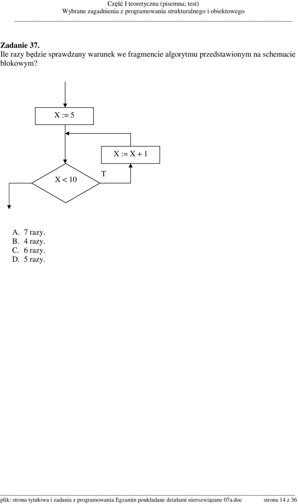 przedstawionym na schemacie blokowym? X := 5 X := X + 1 X < 10 T A.