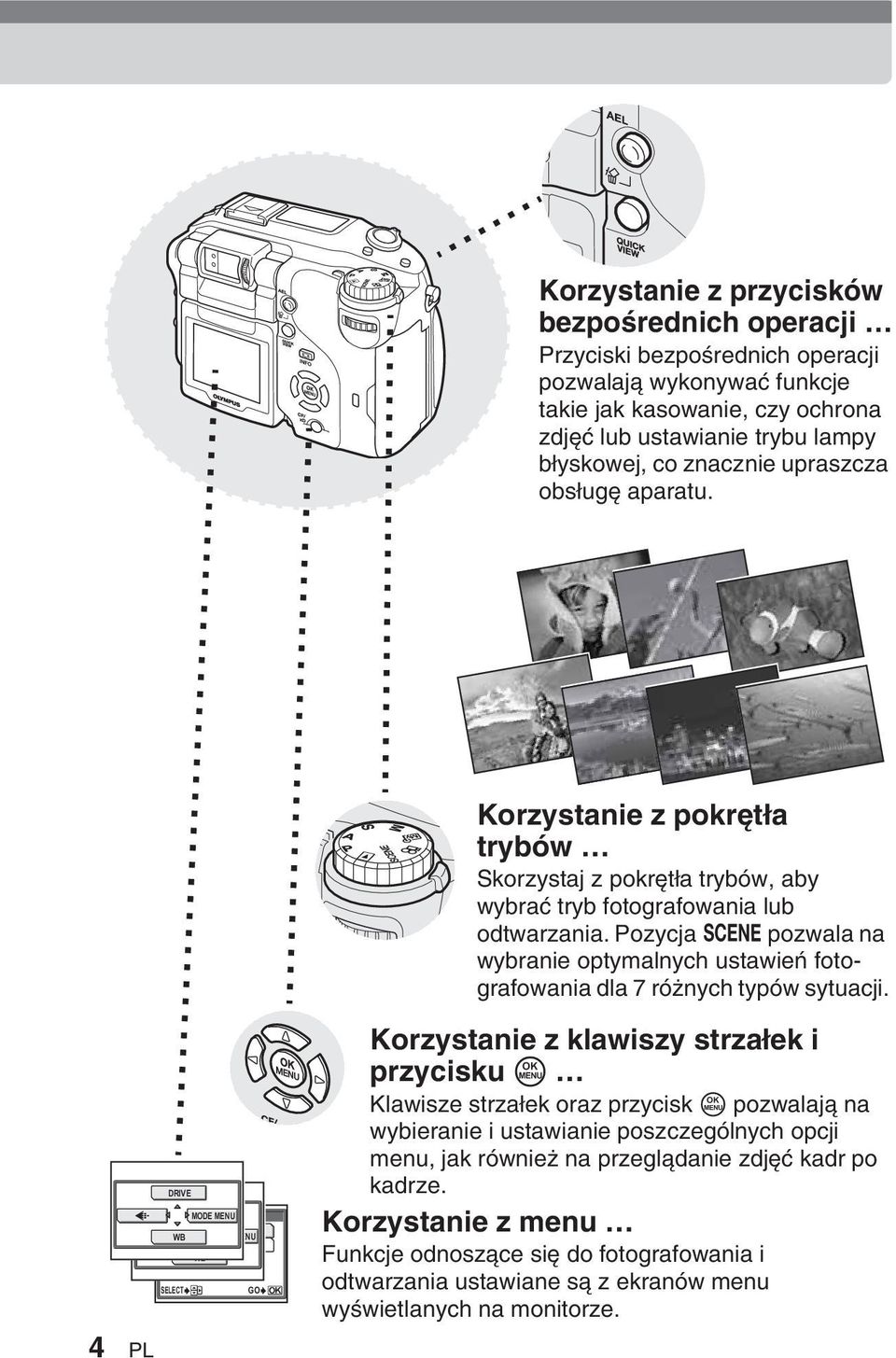 Pozycja f pozwala na wybranie optymalnych ustawieƒ fotografowania dla 7 ró nych typów sytuacji. 4 PL DRIVE DRIVE MODE BKT MENU ± 0.3 3 WB MODE MENU ± 0.7 5 ± 1.