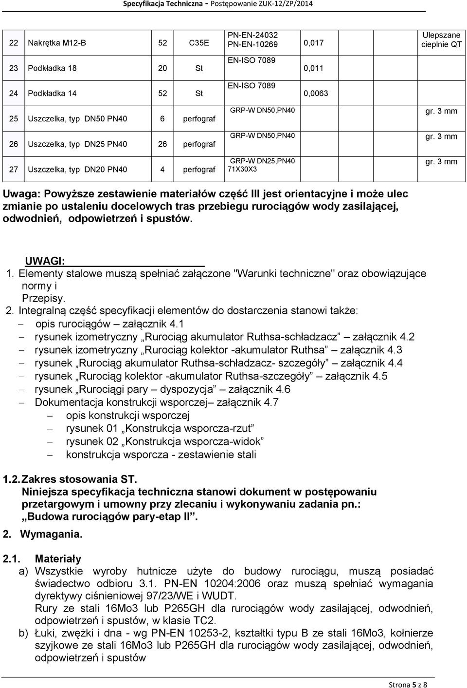 docelowych tras przebiegu rurociągów wody zasilającej, odwodnień, odpowietrzeń i spustów. UWAGI: 1. Elementy stalowe muszą spełniać załączone "Warunki techniczne" oraz obowiązujące normy i Przepisy.