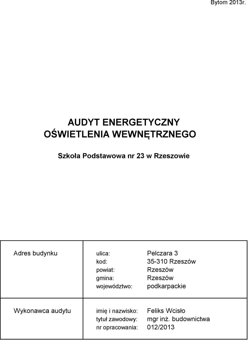 Rzeszowie Adres budynku ulica: Pelczara 3 kod: 35-310 Rzeszów powiat: Rzeszów