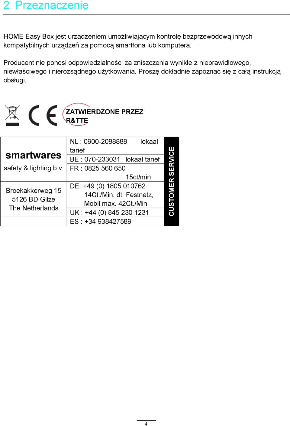 Proszę dokładnie zapoznać się z całą instrukcją obsługi. ZATWIERDZONE PRZEZ R&TTE HE840IP 433MHz. smartwares safety & lighting b.v.