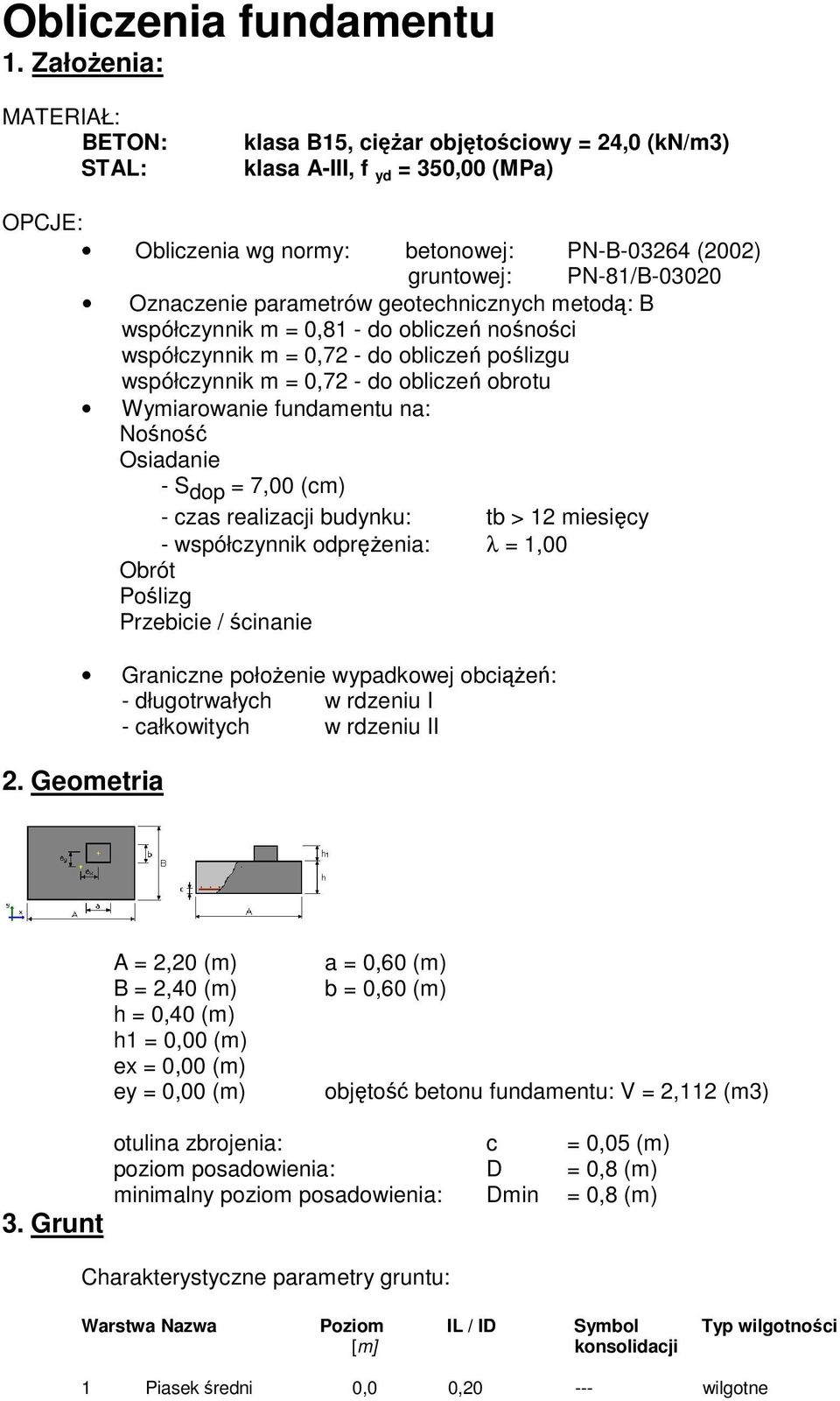 Oznaczenie parametrów geotechnicznych metodą: B współczynnik m = 0,81 - do obliczeń nośności współczynnik m = 0,72 - do obliczeń poślizgu współczynnik m = 0,72 - do obliczeń obrotu Wymiarowanie