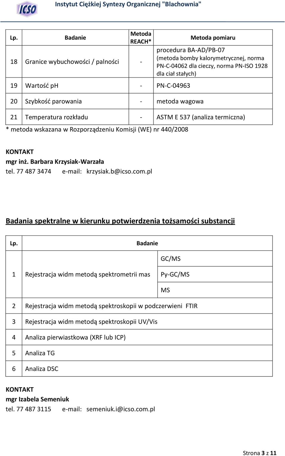 Barbara Krzysiak-Warzała tel. 77 487 3474 e-mail: krzysiak.b@icso.com.pl Badania spektralne w kierunku potwierdzenia tożsamości substancji Lp.