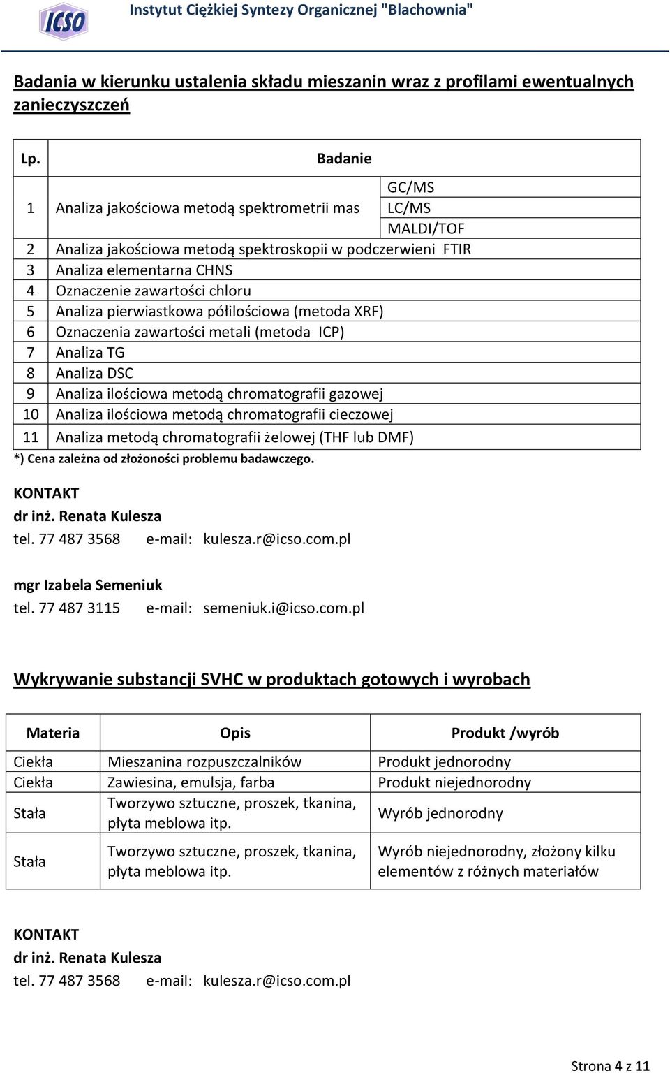 Analiza pierwiastkowa półilościowa (metoda XRF) 6 Oznaczenia zawartości metali (metoda ICP) 7 Analiza TG 8 Analiza DSC 9 Analiza ilościowa metodą chromatografii gazowej 0 Analiza ilościowa metodą