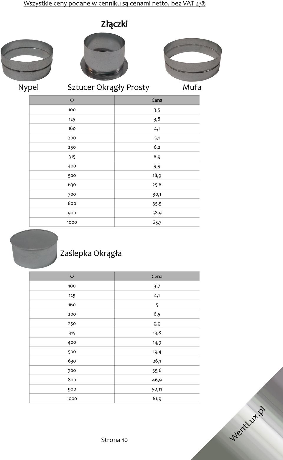 9 1000 65,7 Zaślepka Okrągła 100 3,7 125 4,1 160 5 200 6,5 250 9,9 315