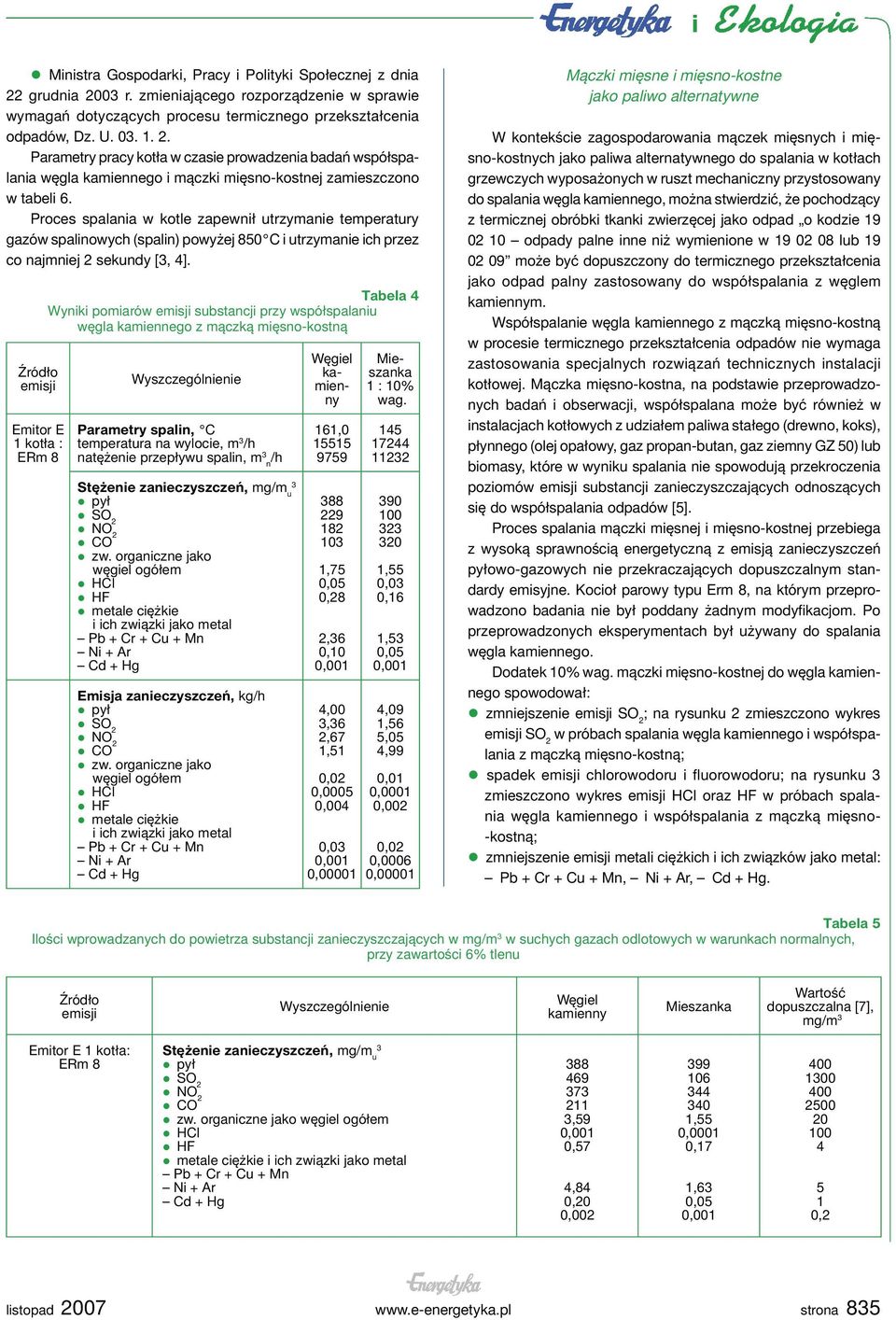 Źródło emisji Emitor E 1 kotła : ERm 8 Tabela 4 Wyniki pomiarów emisji substancji przy współspalaniu węgla kamiennego z mączką mięsno-kostną Wyszczególnienie Węgiel kamienny Parametry spalin, C 161,0