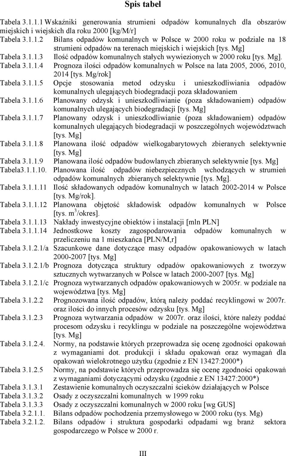 Mg/rok] Tabela 3.1.1.5 Opcje stosowania metod odzysku i unieszkodliwiania odpadów komunalnych ulegających biodegradacji poza składowaniem Tabela 3.1.1.6 Planowany odzysk i unieszkodliwianie (poza składowaniem) odpadów komunalnych ulegających biodegradacji [tys.
