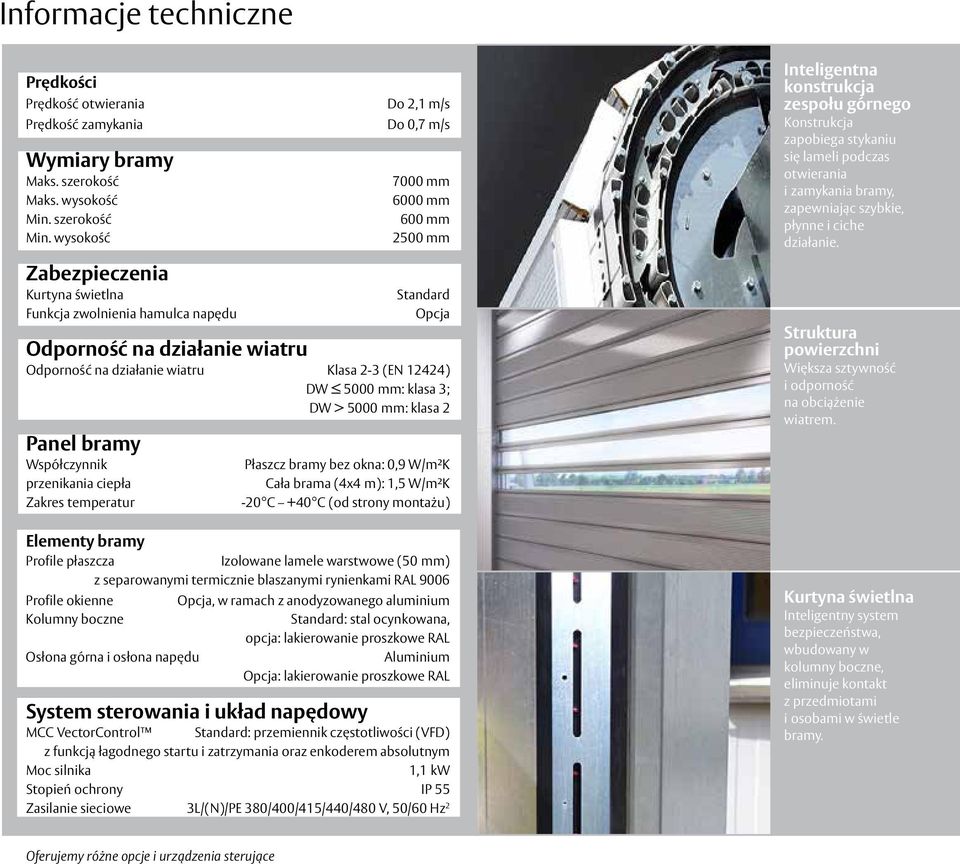 wiatru Klasa 2-3 (EN 12424) DW 5000 mm: klasa 3; DW > 5000 mm: klasa 2 Panel bramy Współczynnik przenikania ciepła Zakres temperatur Płaszcz bramy bez okna: 0,9 W/m²K Cała brama (4x4 m): 1,5 W/m²K