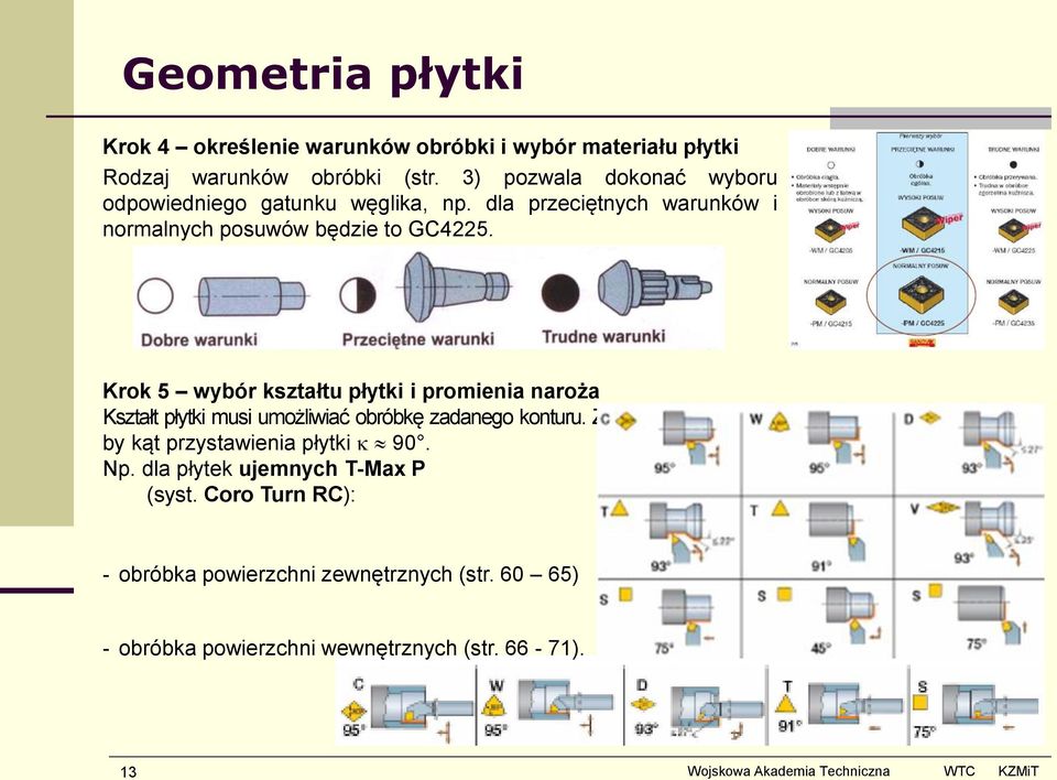 Krok 5 wybór kształtu płytki i promienia naroża Kształt płytki musi umożliwiać obróbkę zadanego konturu.