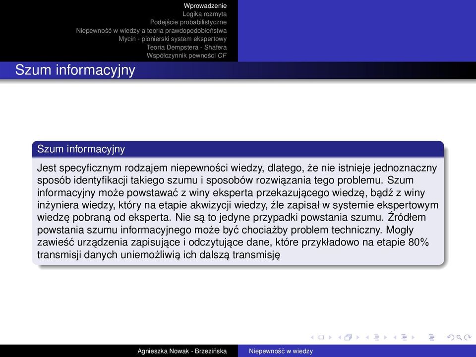 Szum informacyjny może powstawać z winy eksperta przekazującego wiedzę, bądź z winy inżyniera wiedzy, który na etapie akwizycji wiedzy, źle zapisał w systemie