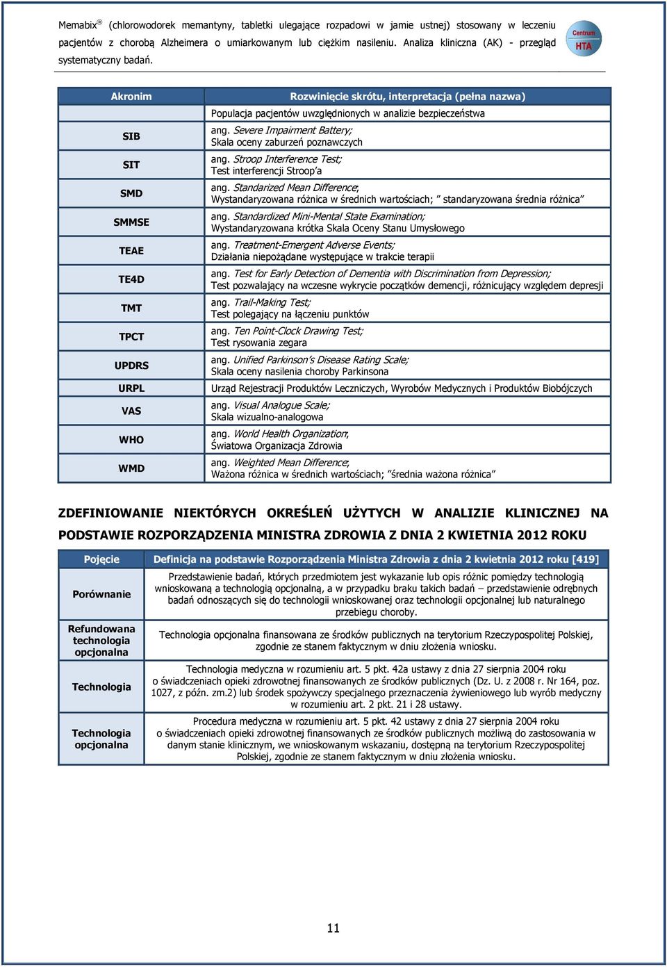 Akronim SIB SIT SMD SMMSE TEAE TE4D TMT TPCT UPDRS URPL VAS WHO WMD Rozwinięcie skrótu, interpretacja (pełna nazwa) Populacja pacjentów uwzględnionych w analizie bezpieczeństwa ang.