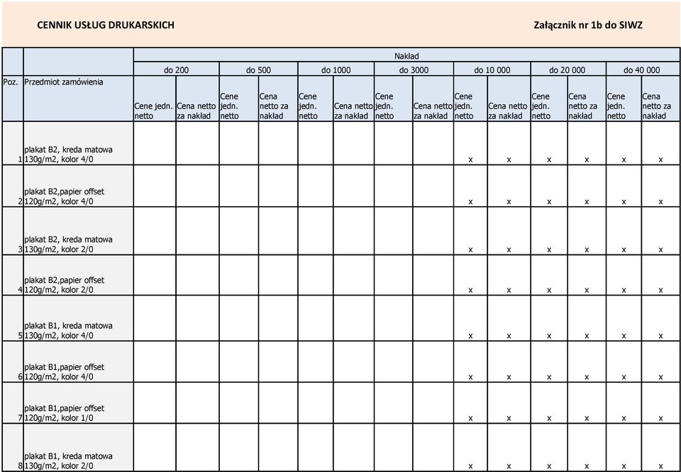 Cena za nakład Cena za nakład Cena za nakład plakat B2, kreda matowa 1 130g/m2, kolor 4/0 plakat B2,papier offset 2 120g/m2, kolor 4/0 plakat B2, kreda